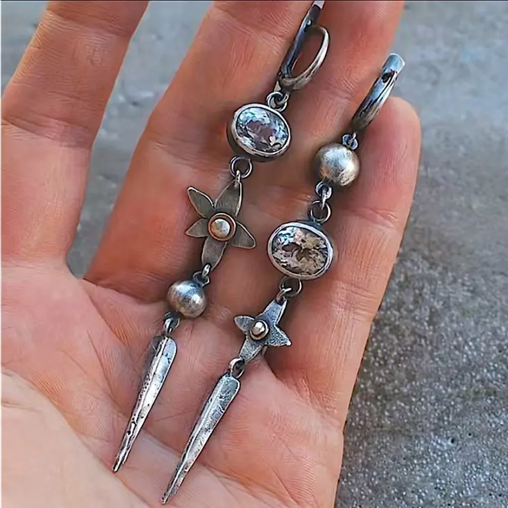 Antique Silver Flower Star Zircon Geometric Dangle Handmade Unique Earrings